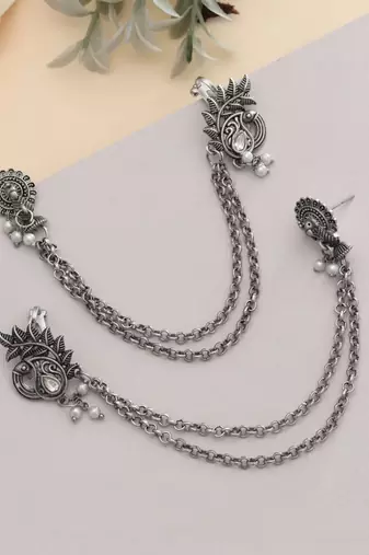 silver stone alloy silver plated ear cuff earrings