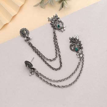 green stone alloy silver plated ear cuff earrings 2