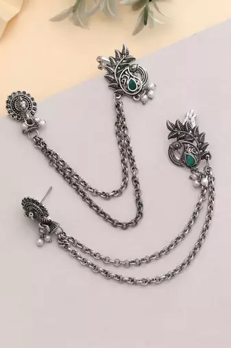 green stone alloy silver plated ear cuff earrings