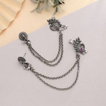 pink stone alloy silver plated ear cuff earrings 2