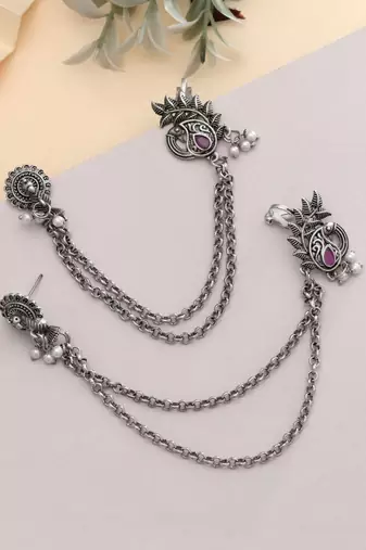 pink stone alloy silver plated ear cuff earrings
