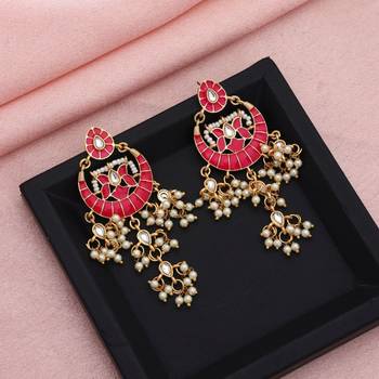 pink alloy earrings with ethnic stone meenakari work 1
