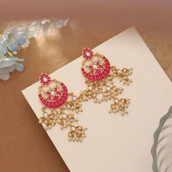 pink alloy earrings with ethnic stone meenakari work 2