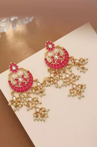 pink alloy earrings with ethnic stone meenakari work