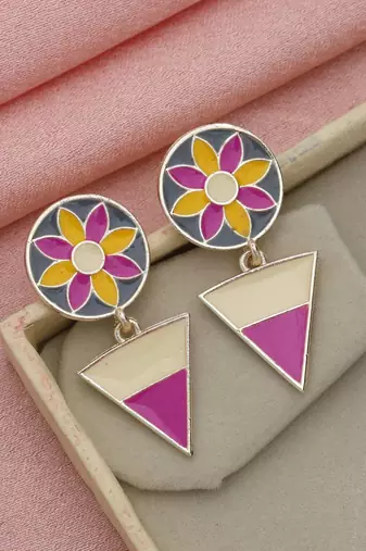 multicolor alloy earrings with floral triangle drop design