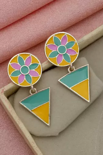 multicolor alloy earrings with enamel floral geometric work