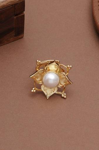 white alloy ring with pearl lotus floral work