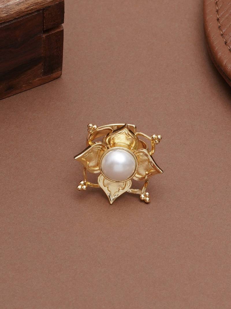 white alloy ring with pearl lotus floral work