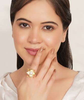 white alloy ring with pearl lotus floral work 2