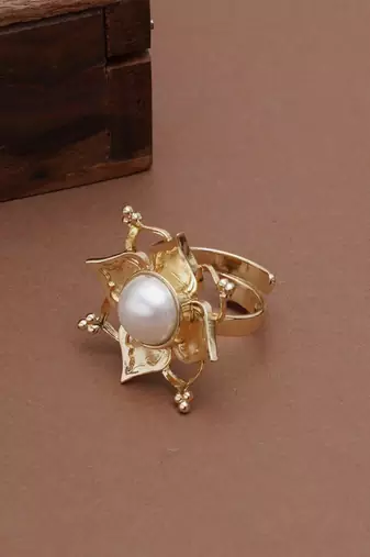 white alloy ring with pearl lotus floral work