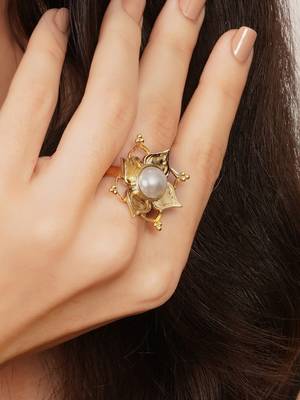 white alloy ring with pearl lotus floral work 4