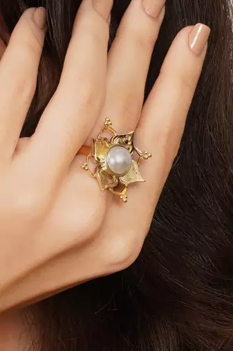 white alloy ring with pearl lotus floral work