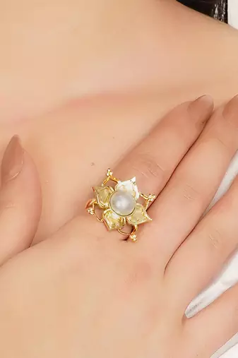 white alloy ring with pearl lotus floral work