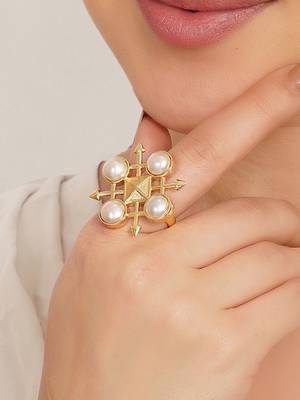 white brass ring with pearl geometric grid work 5