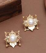 white brass earrings with pearl geometric grid work