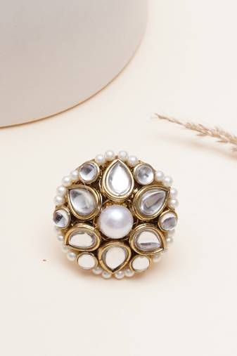 white alloy ring with kundan pearl bloom design
