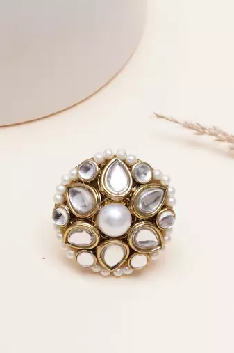 white alloy ring with kundan pearl bloom design