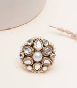 white alloy ring with kundan pearl bloom design