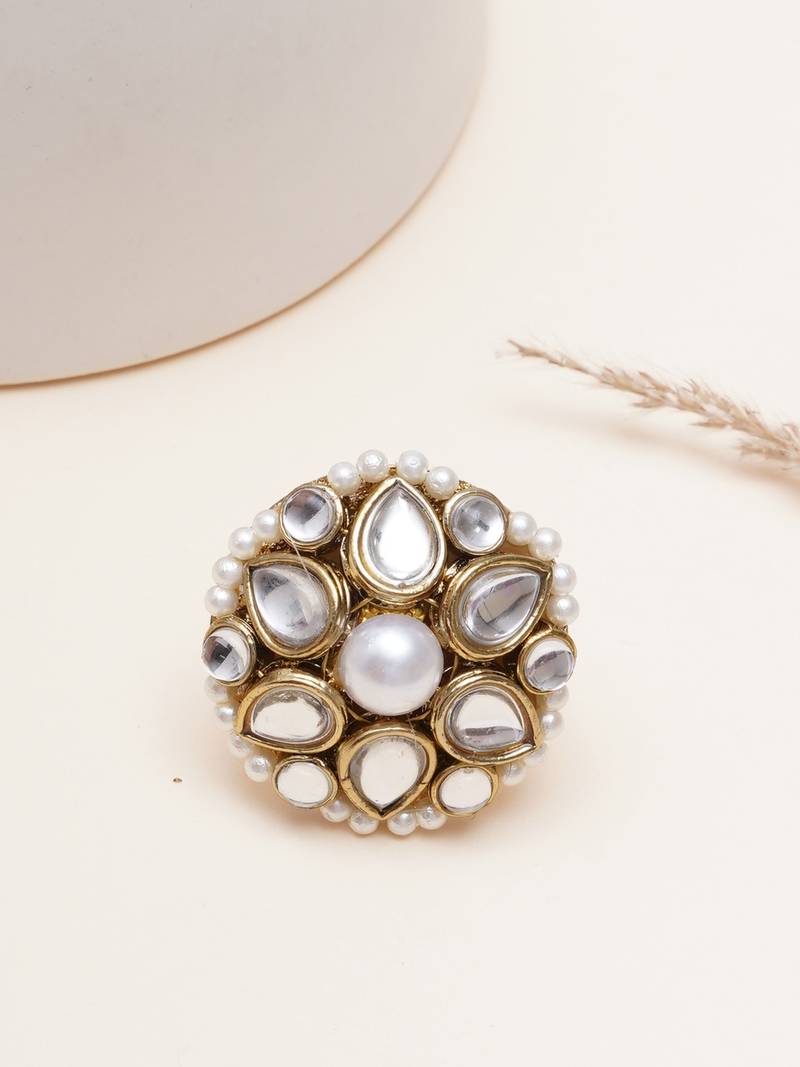 white alloy ring with kundan pearl bloom design