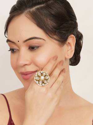 white alloy ring with kundan pearl bloom design 2