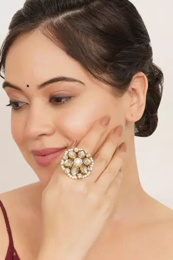 white alloy ring with kundan pearl bloom design