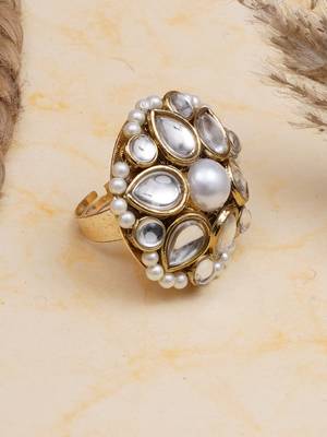 white alloy ring with kundan pearl bloom design 3