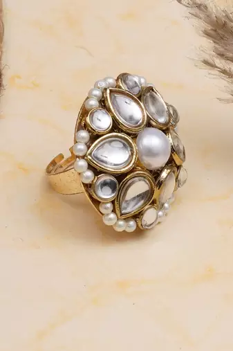 white alloy ring with kundan pearl bloom design