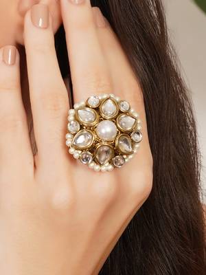 white alloy ring with kundan pearl bloom design 4