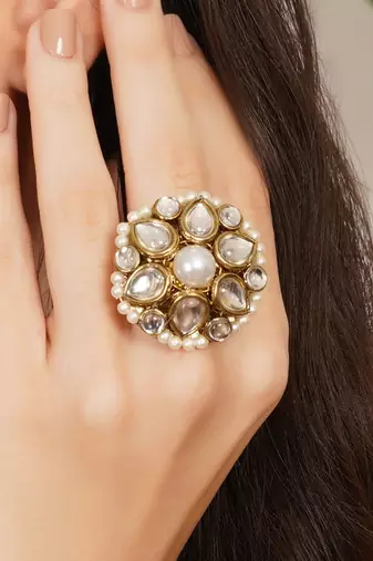 white alloy ring with kundan pearl bloom design