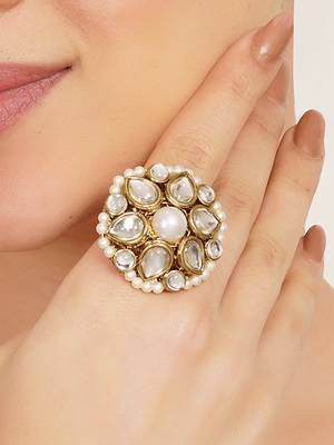 white alloy ring with kundan pearl bloom design 5