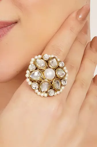 white alloy ring with kundan pearl bloom design