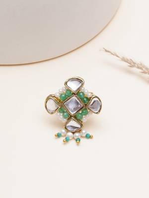 green alloy ring with kundan pearl floral work 1