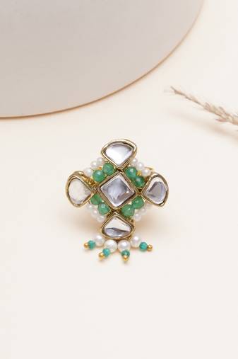 green alloy ring with kundan pearl floral work