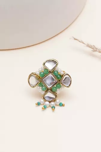green alloy ring with kundan pearl floral work