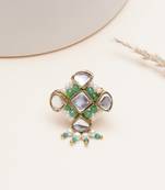 green alloy ring with kundan pearl floral work