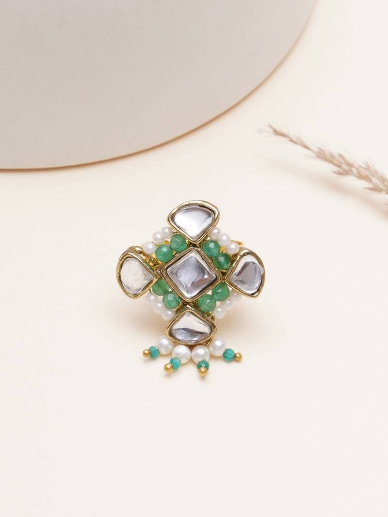 green alloy ring with kundan pearl floral work