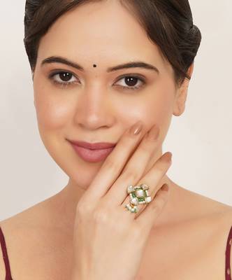 green alloy ring with kundan pearl floral work 2