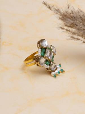 green alloy ring with kundan pearl floral work 3