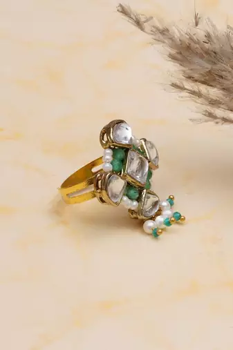 green alloy ring with kundan pearl floral work