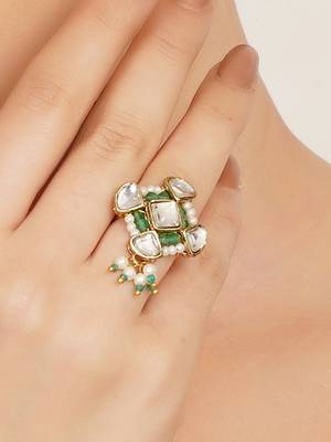 green alloy ring with kundan pearl floral work 4