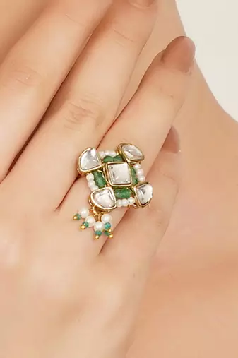 green alloy ring with kundan pearl floral work