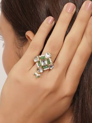green alloy ring with kundan pearl floral work 5