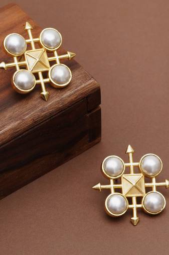 white brass earrings with pearl geometric work