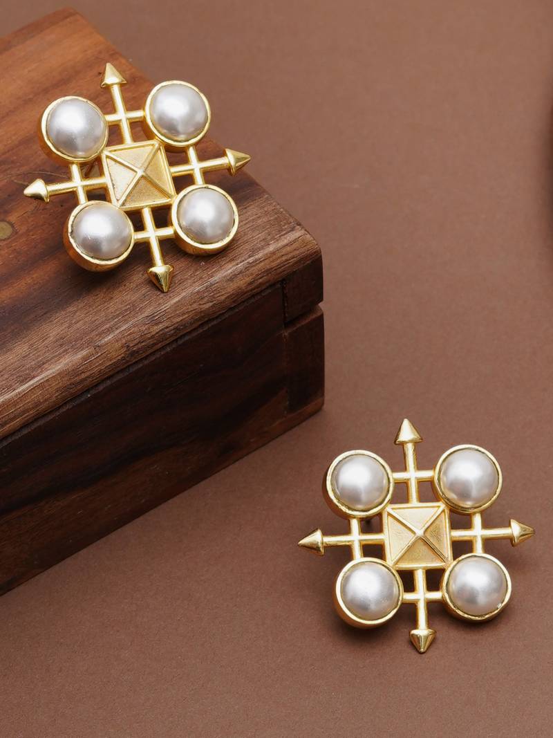 white brass earrings with pearl geometric work