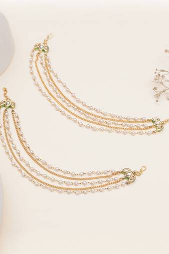 gold alloy hair chain with kundan pearl layer work
