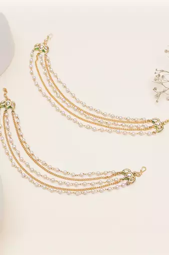 gold alloy hair chain with kundan pearl layer work