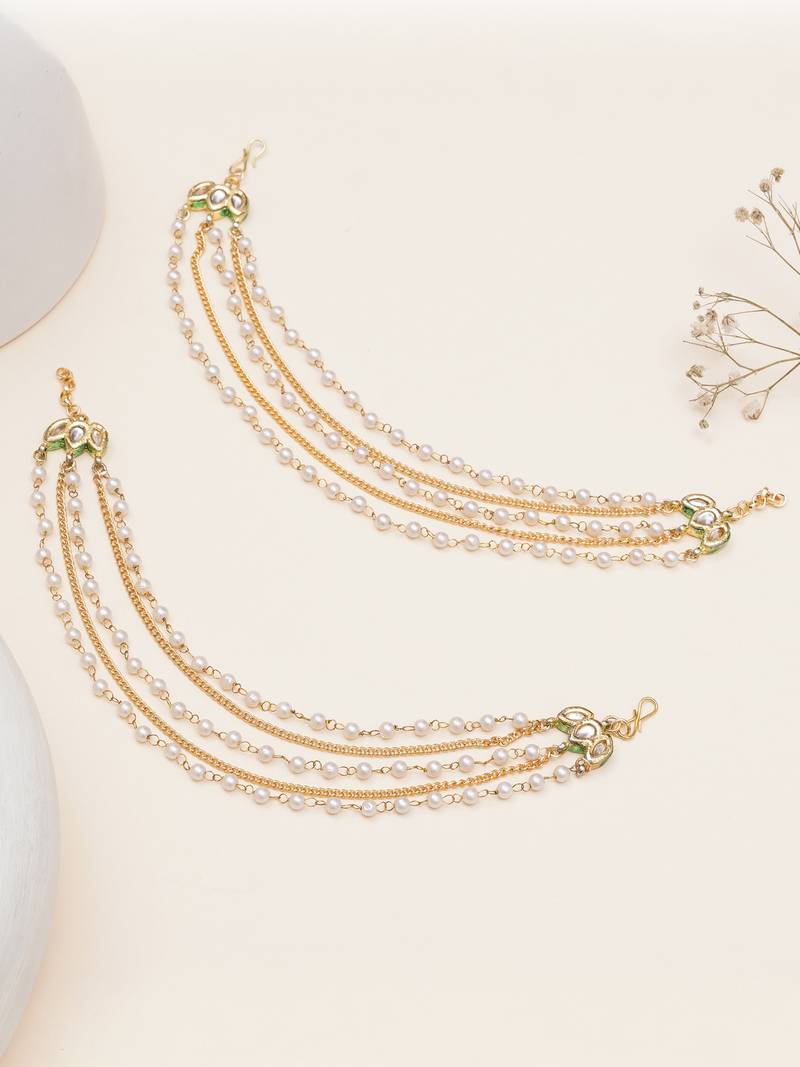 gold alloy hair chain with kundan pearl layer work