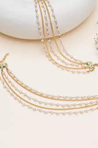 gold alloy hair chain with kundan pearl layer work