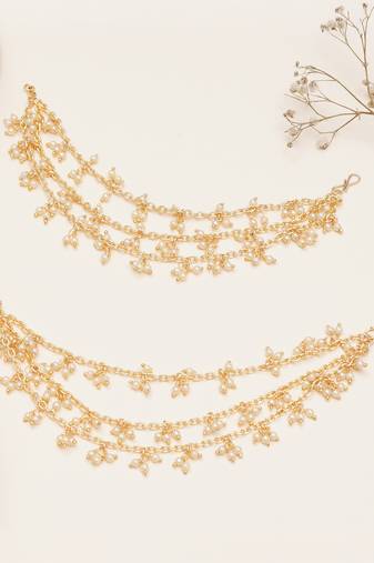 gold alloy hair chain with pearl cluster layered work