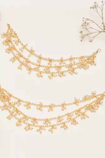 gold alloy hair chain with pearl cluster layered work